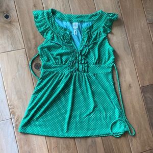 Green with white polka dots juniors medium ruffle top